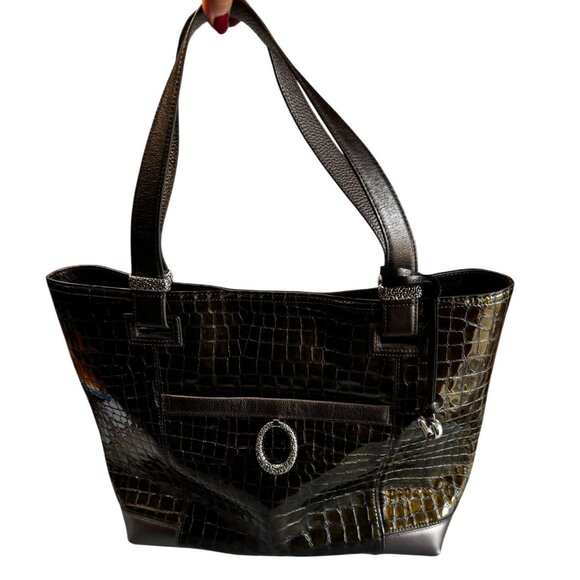 Brighton Accessories - Brighton Jetson Laptop Tote Green Croc Embossed Patent Leather 14 Inch